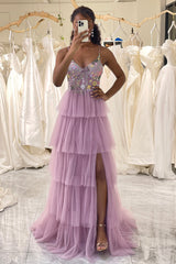 Mauve A Line Appliques Long Corset Tiered Prom Dress With Slit