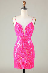 Stylish Hot Pink Bodycon Spaghetti Strap Short Homecoming Dress with Criss-Cross Back