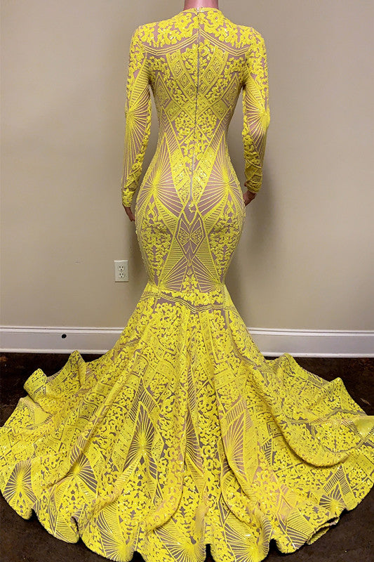 Evening Dress Yellow Mermaid Long Sleeves with Appliques