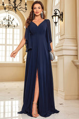 Elegant Navy Chiffon Long Prom Dress With Slit