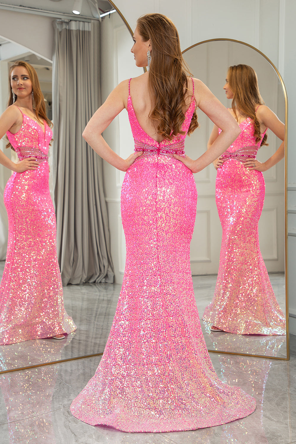 Sparkly Fuchsia Mermaid Backless Long Prom Dress