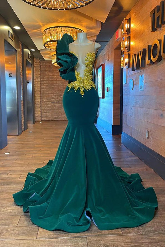 Dark Green One Shoulder Evening Dress with Sleeveless Appliques