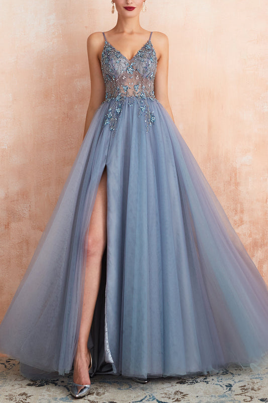 Spaghetti Straps Blue Long Prom Dress With Slit