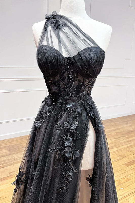 A Line One Shoulder Black Long Prom Dress with Appliques