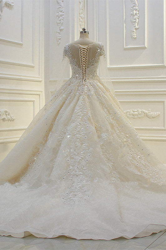 Bateau Long Sleeve Beaded Ball Gown Wedding Dress with Lace Appliques