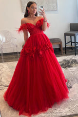 Red A-Line Corset Long Prom Dress with 3D Flowers