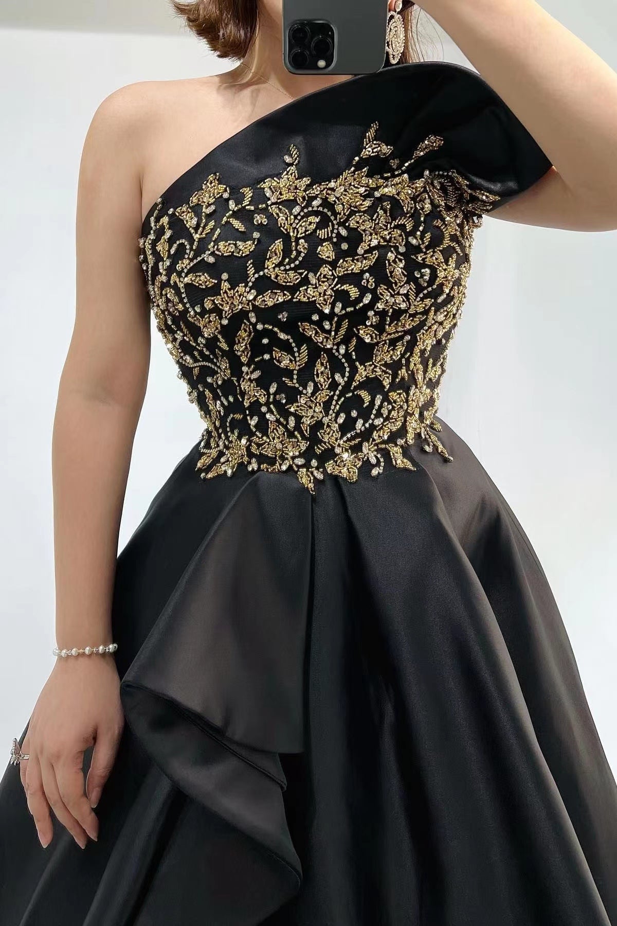 Gorgeous Black One Shoulder Strapless Evening Dress with Beadings and Slit