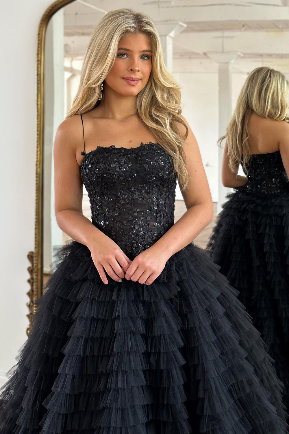 Sparkly Black Corset Spaghetti Straps Tulle A-Line Long Prom Dress with Slit