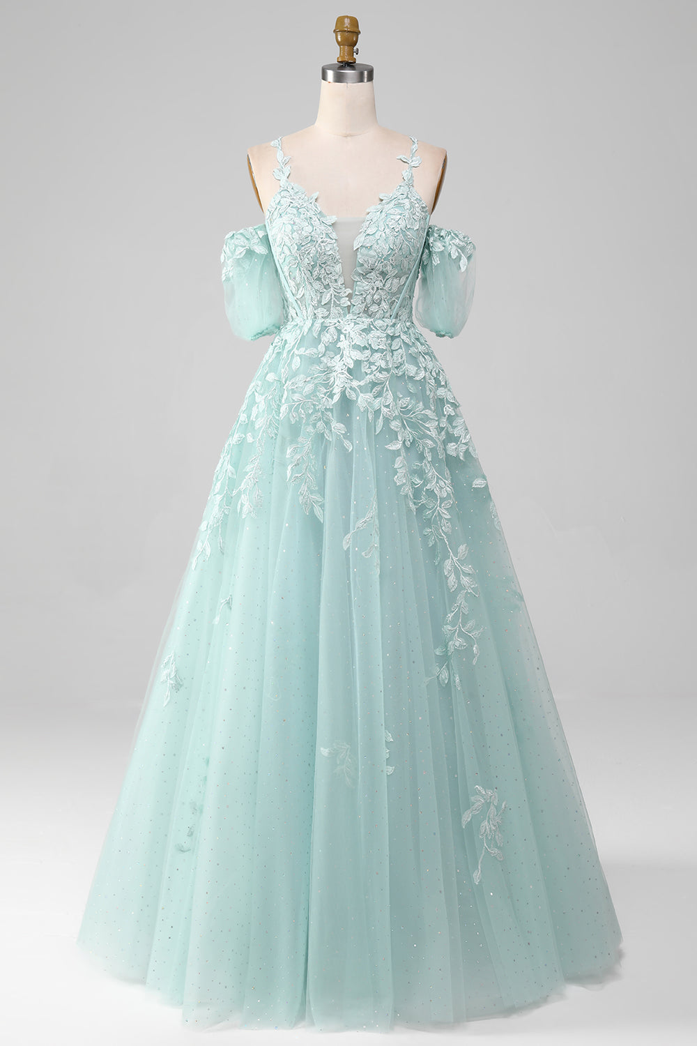 Mint A Line Tulle Off the Shoulder Long Prom Dress With Appliques