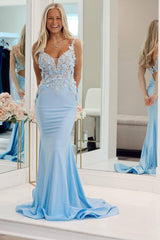 Light Blue Mermaid Long Prom Dress With Appliques