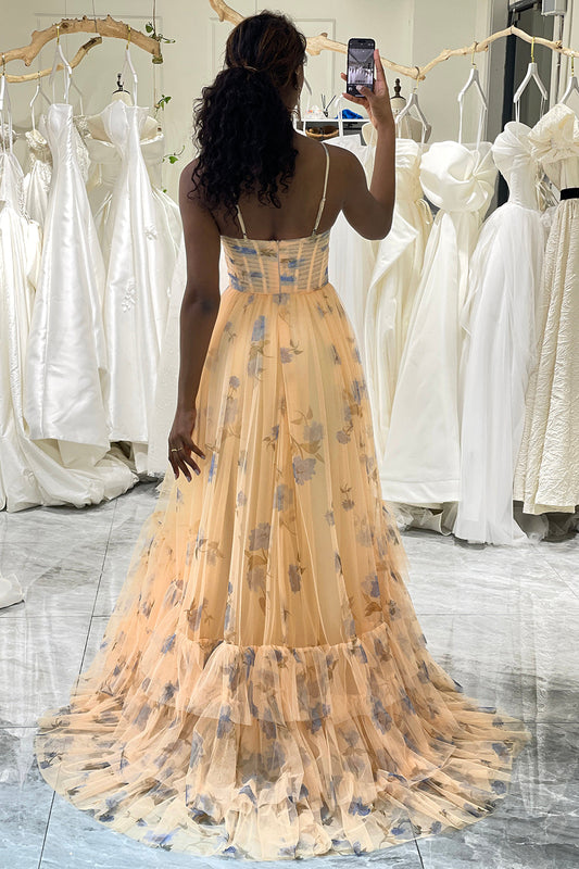 Yellow Tulle A Line Long Tiered Prom Dress