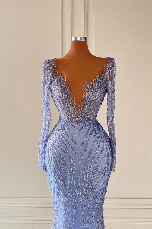 Chic Long Sleeve Sequin Mermaid Evening Dress with V-Neck Beading