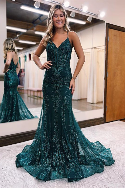 Sequins A-Line Evening Dress with Appliques, Tulle, and Spaghetti Straps