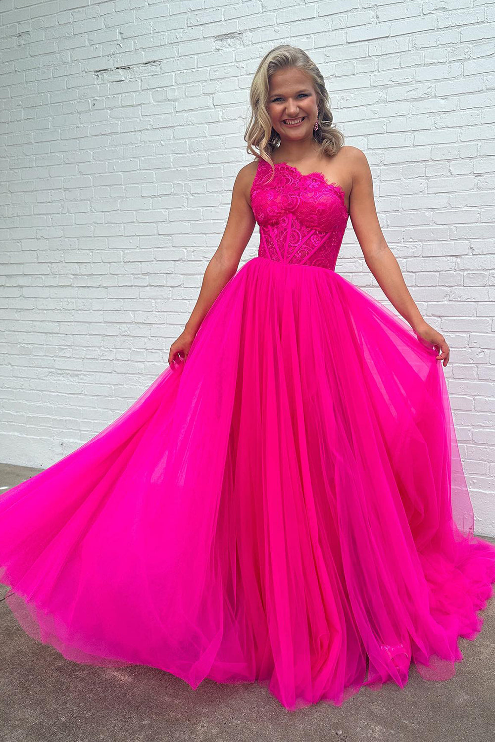 Hot Pink Detachable Long Sleeves A-Line Tulle Long Prom Dress with Lace