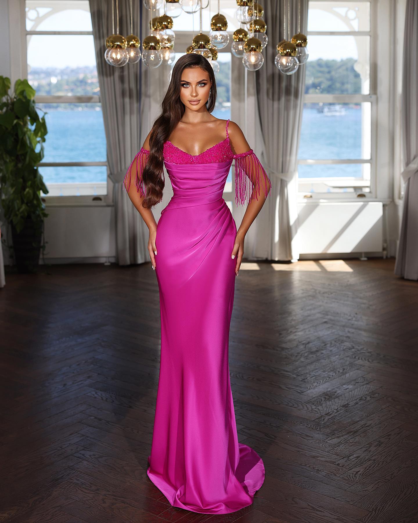 Fuchsia Spaghetti Strap Evening Dress with Pleated Tassel Sequins