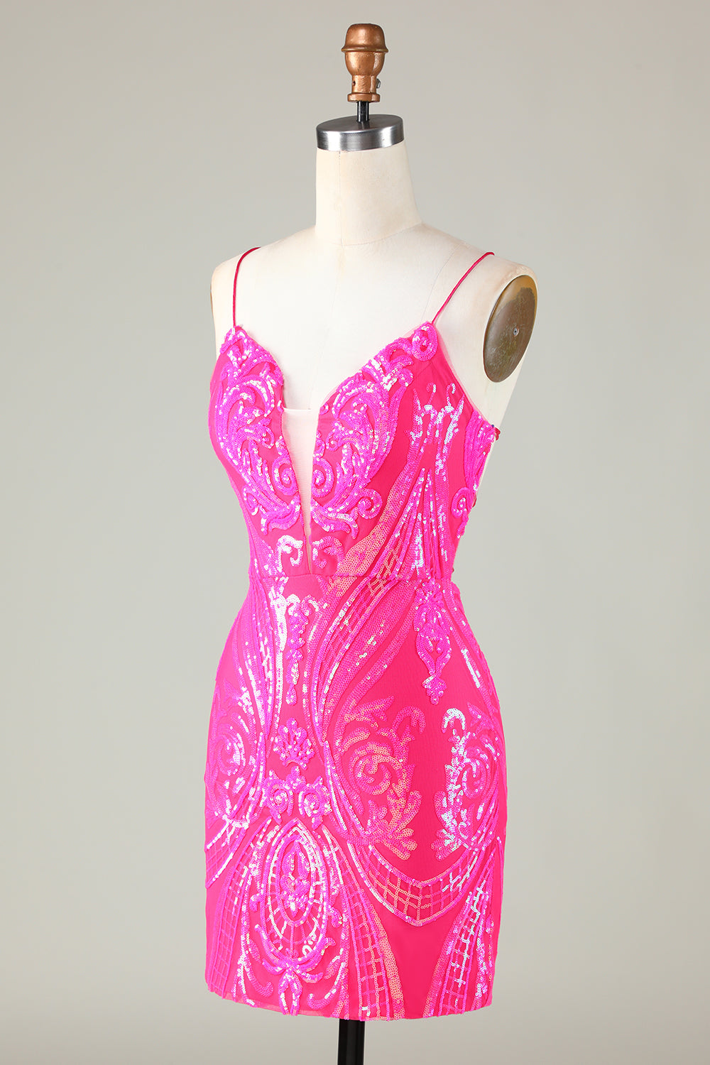 Stylish Hot Pink Bodycon Spaghetti Strap Short Homecoming Dress with Criss-Cross Back