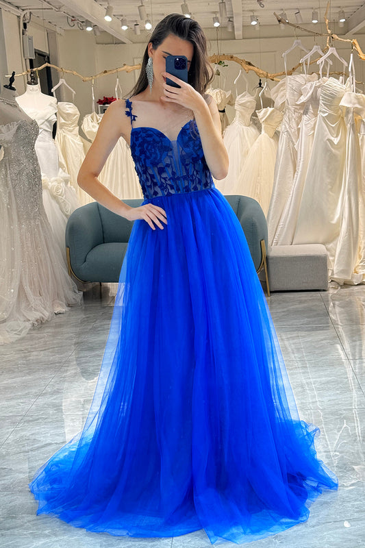 Royal Blue Prom Dress Spaghetti Straps A-Line Corset Evening Dress