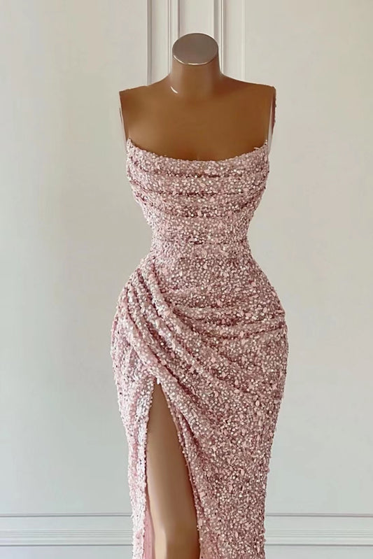 Elegant Strapless Mermaid Evening Dress with Sequins and Slit