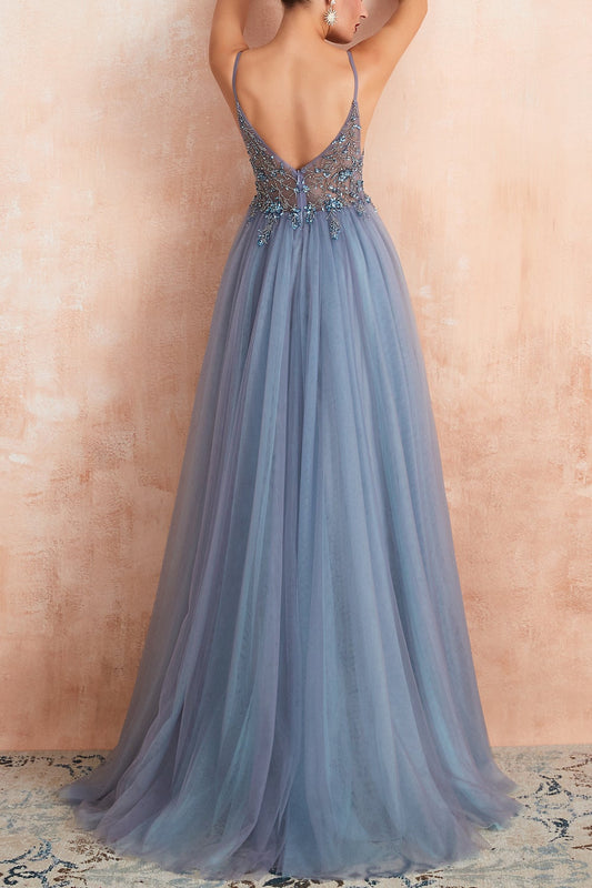 Spaghetti Straps Blue Long Prom Dress With Slit