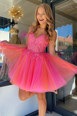 Fuchsia Orange Graduation Dress Tulle Spaghetti Straps Party Dress with Appliques