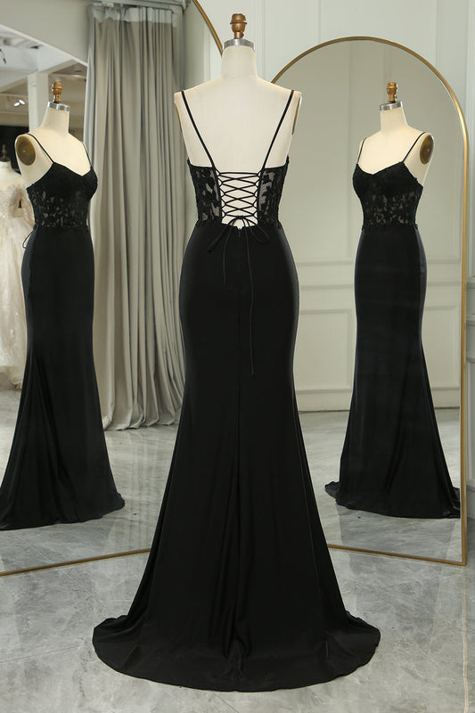 Black Mermaid Spaghetti Straps Long Corset Prom Dress