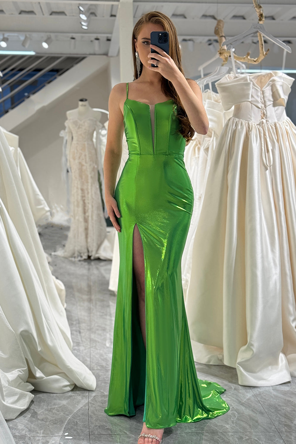 Bright Green Mermaid Spaghetti Straps Long Prom Dress With Slit