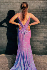 Purple Sparkly Mermaid Evening Dress Backless Spaghetti Straps Prom Dress