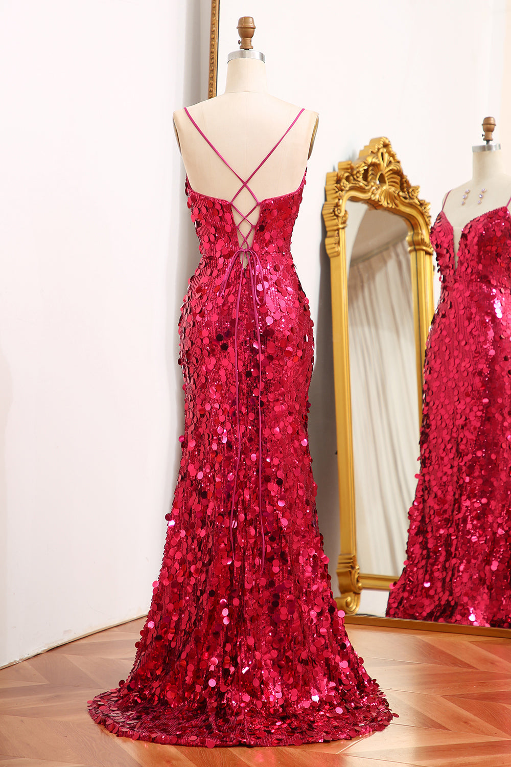 Sparkly Fuchsia Sequins Mermaid Long Prom Dress With Slit