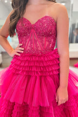 Sparkly Fuchsia Tulle Tiered Corset Long Prom Dress with Lace