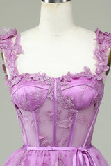 Cute A Line Sweetheart Purple Corset Homecoming Dress with Appliques