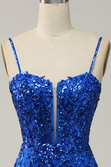 Sparkly Blue Sheath Sequins Long Prom Dress with Slit