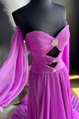 Pink Detachable Sleeves Cut-Out Long Prom Dress with Beading