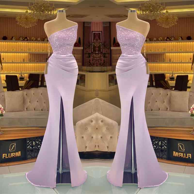 Light Purple Sequins Mermaid Prom Dress with Strapless Sleeveless Design and Slit