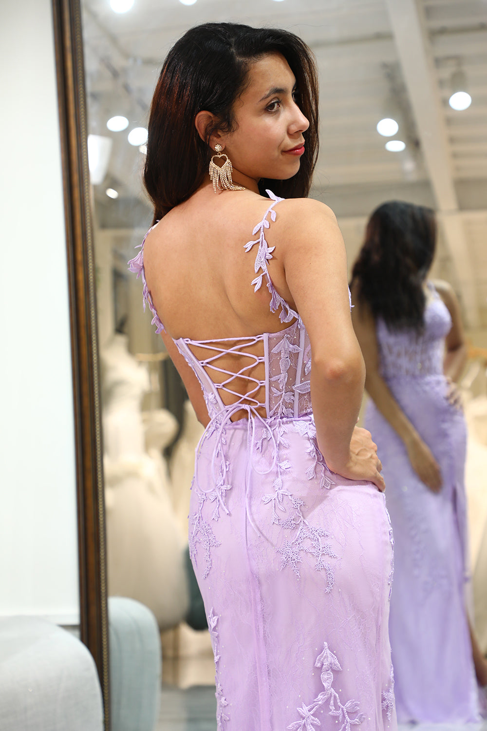 Lilac Mermaid Long Corset Appliqued Prom Dress With Slit