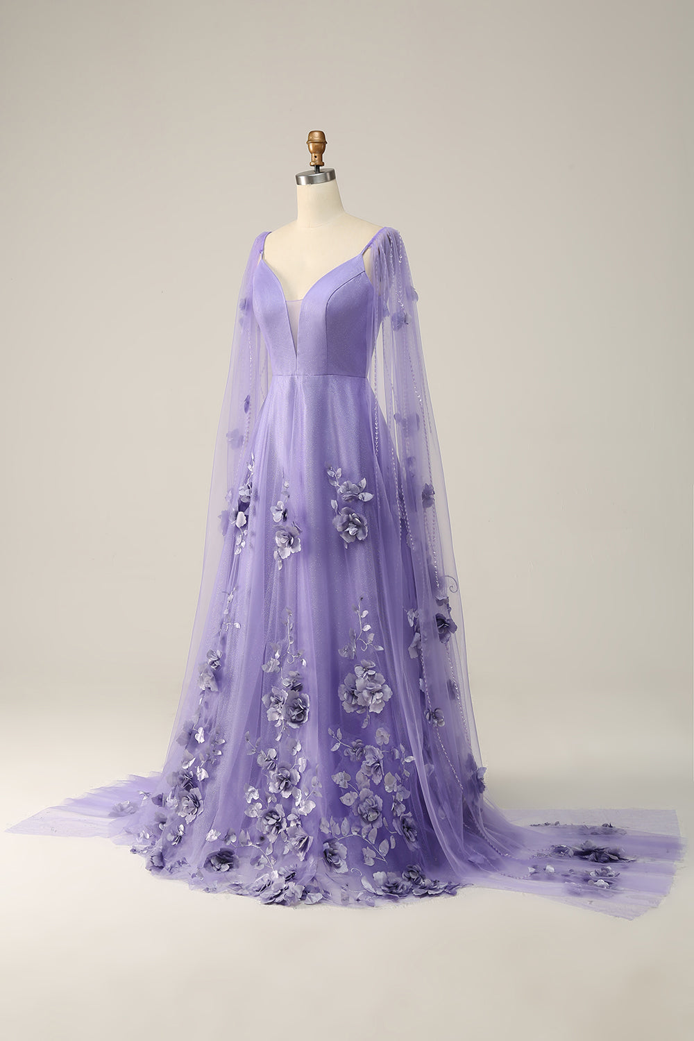 Glitter Purple A-Line Long Prom Dress with 3D Flowers