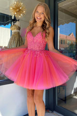 Fuchsia Orange Graduation Dress Tulle Spaghetti Straps Party Dress with Appliques