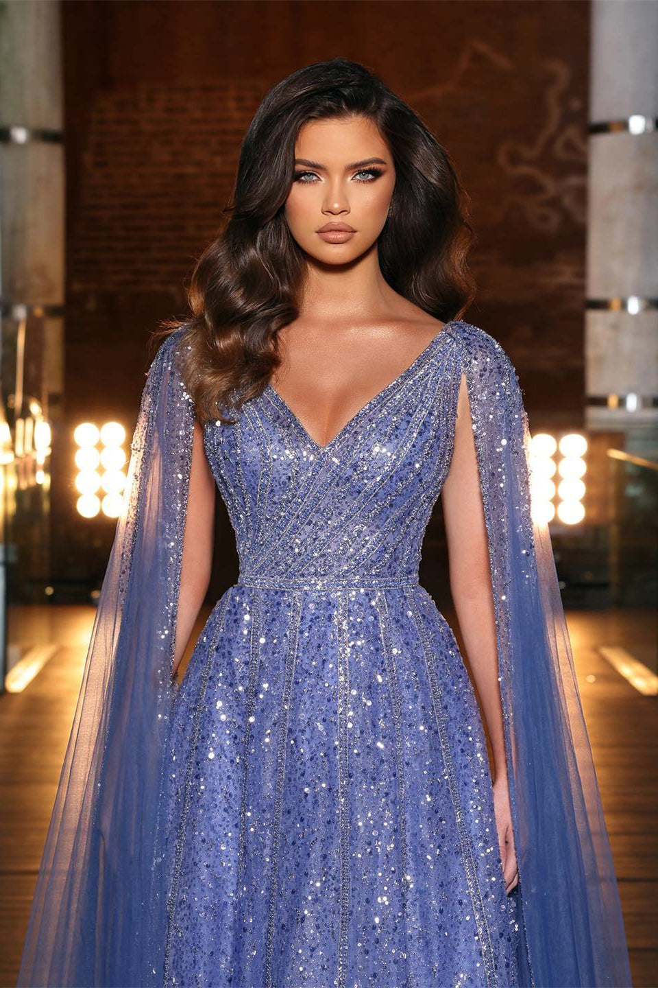 Charming Lavender Evening Dress Prom Dress V Neck with Wide Straps Sequins