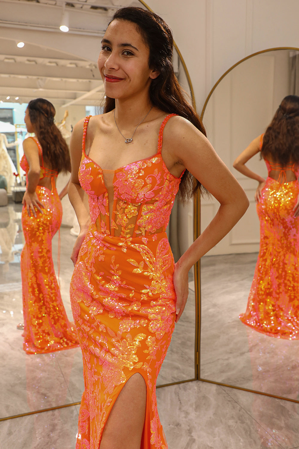 Sparkly Orange Mermaid Long Corset Prom Dress With Slit