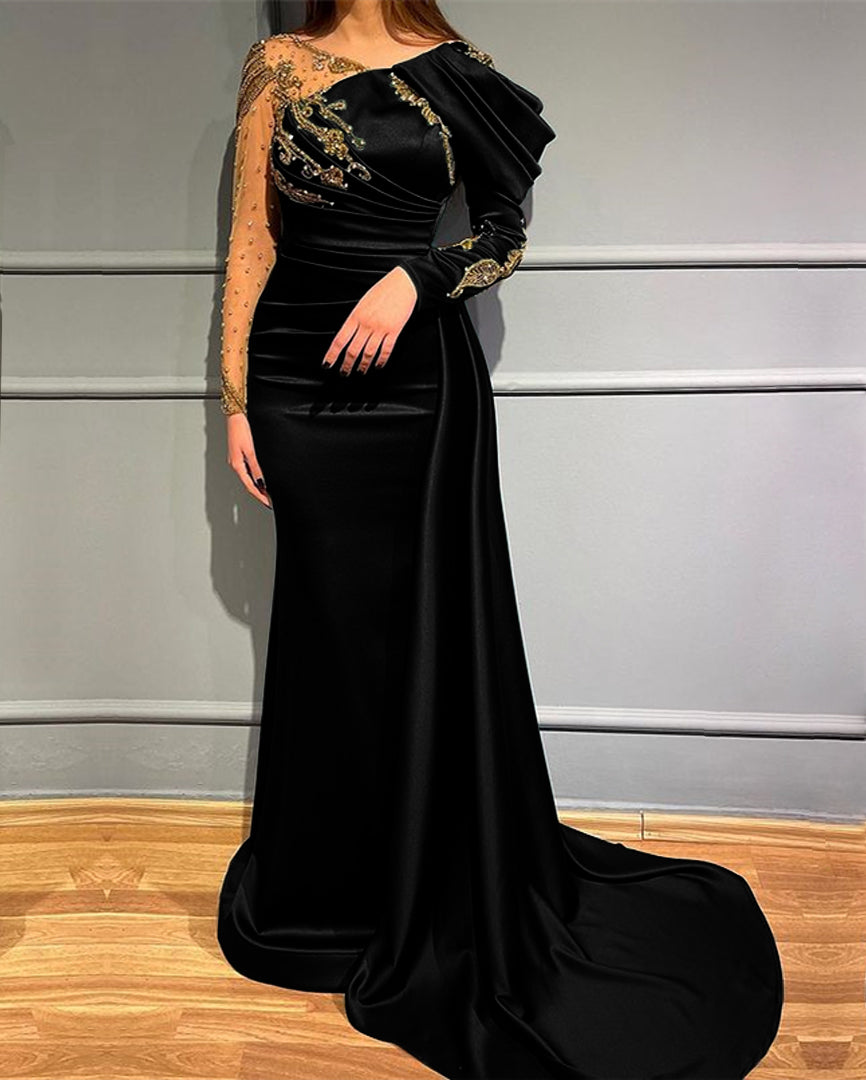 Dark Green Long Sleeves Beads Mermaid Evening Dress with Appliques