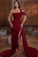 Glamorous One Shoulder Mermaid Evening Dress with Sequins Ruffles and Slit