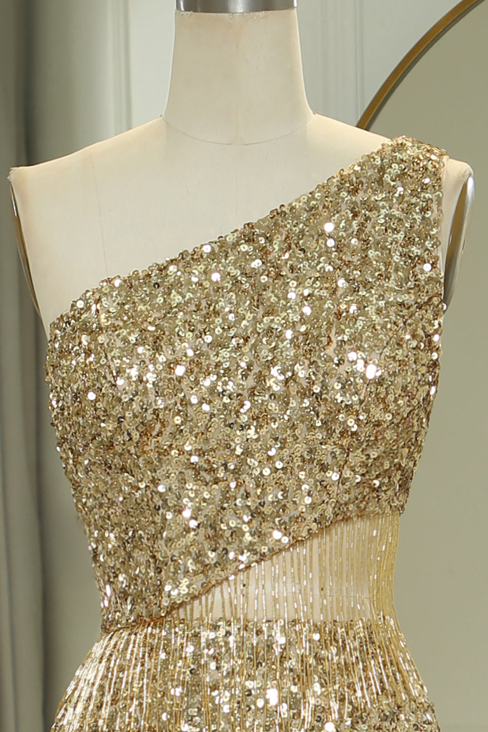 Glitter Golden Cut Out One Shoulder Long Prom Dress With Slit