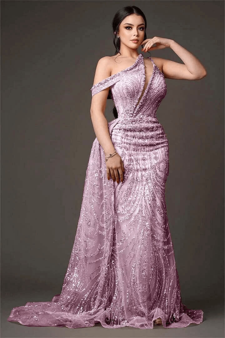 Champagne Mermaid Prom Dress Asymmetric Neck Beaded Evening Dress