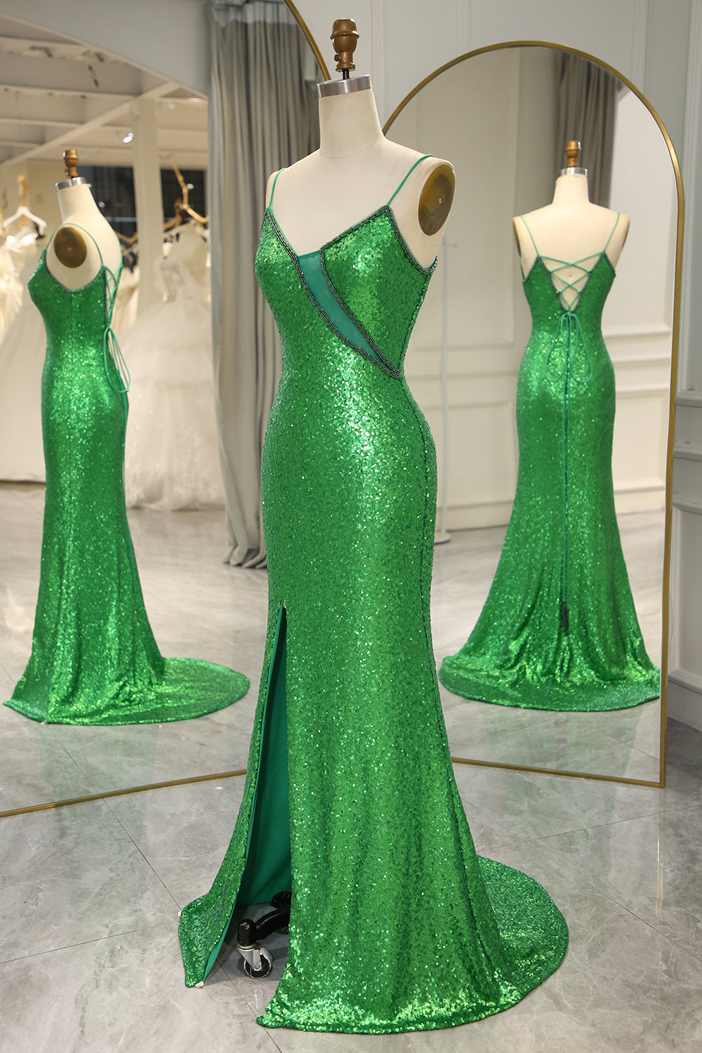 Glitter Dark Green Mermaid Backless Long Prom Dress With Slit