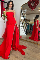 Mermaid Strapless Red Long Prom Dress with Slit