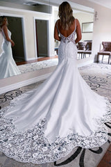 Classic White Mermaid Satin Wedding Dress with Lace Detailing