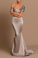 Grey Off-The-Shoulder Bateau Pleated Ball Gown Evening Dress