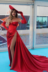 Charming Red Evening Dress Off-the-Shoulder Strapless Long Sleeve with Slit