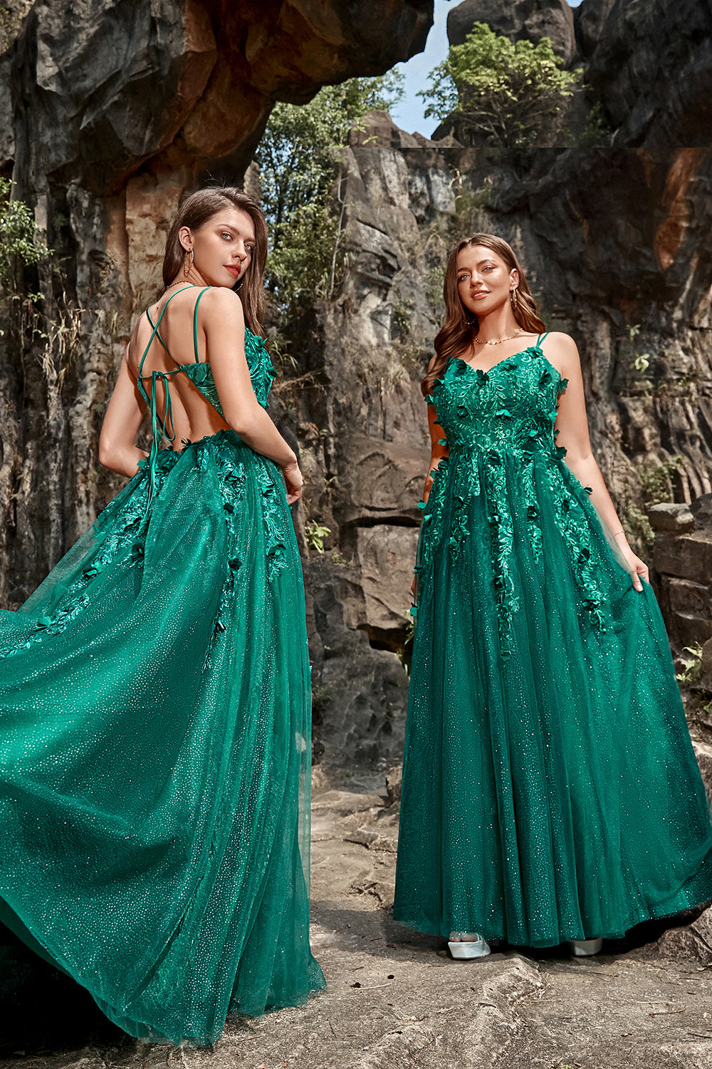 Sparkly Dark Green A-Line Long Tulle Prom Dress with Appliques