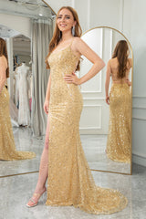 Glitter Golden Mermaid Backless Long Prom Dress With Slit