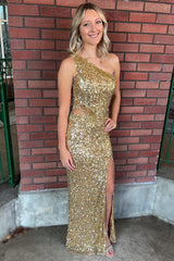 Sparkly Golden Sequins One Shoulder Long Prom Dress with Fringes